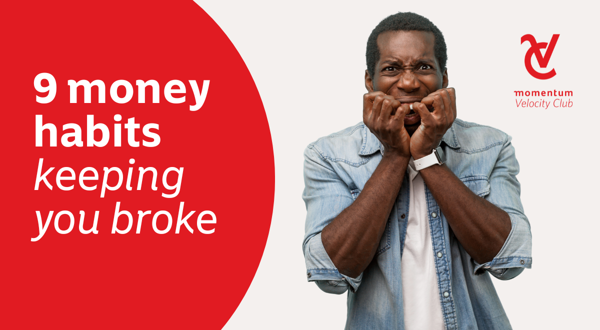 A man anxiously bites his nails, worried about his debt and the money habits he knows he needs to improve.