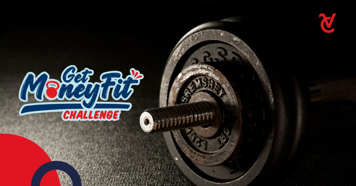 An exercise training dumbbell with the Momentum Velocity Club Get Money Fit Challenge logo next to it.