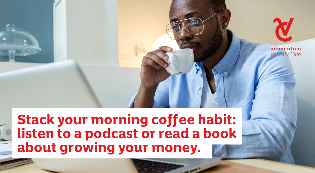 A man listening to a financial podcast while drinking his morning coffee.
