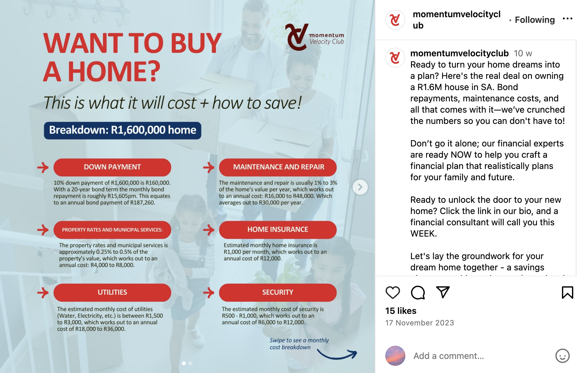 A Momentum Velocity Club breakdown of costs when buying a home to the value of R1 600 000.