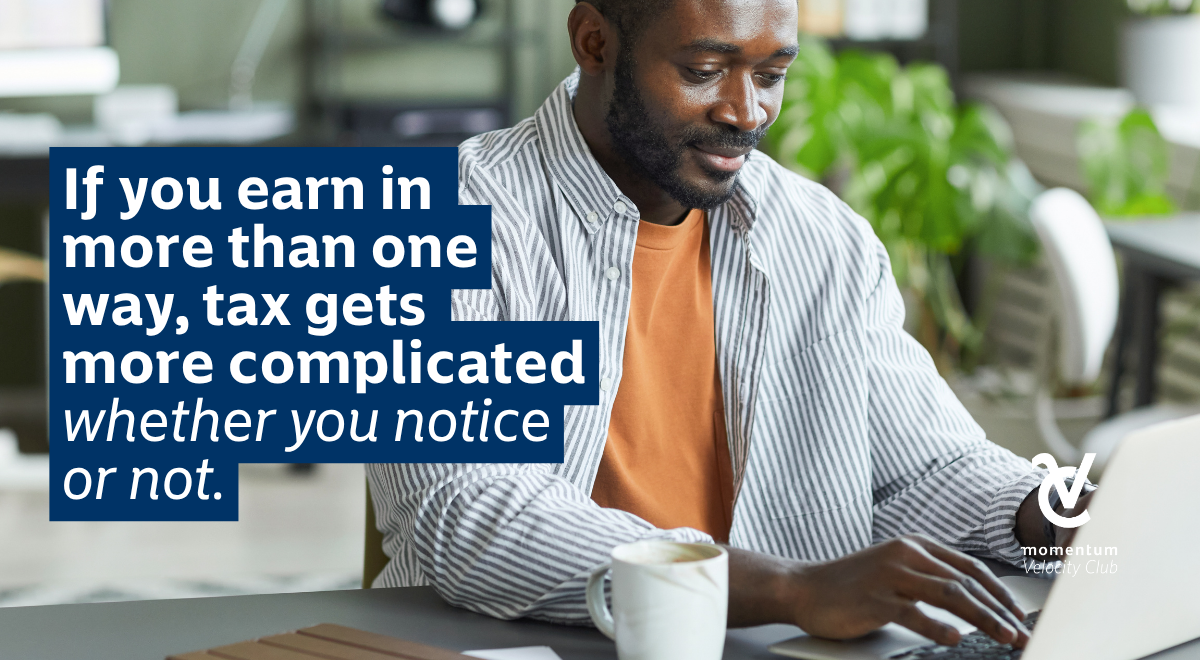 A man focuses on his laptop with a cup of coffee nearby, featuring text about how individual tax becomes more complex when earning from multiple sources.