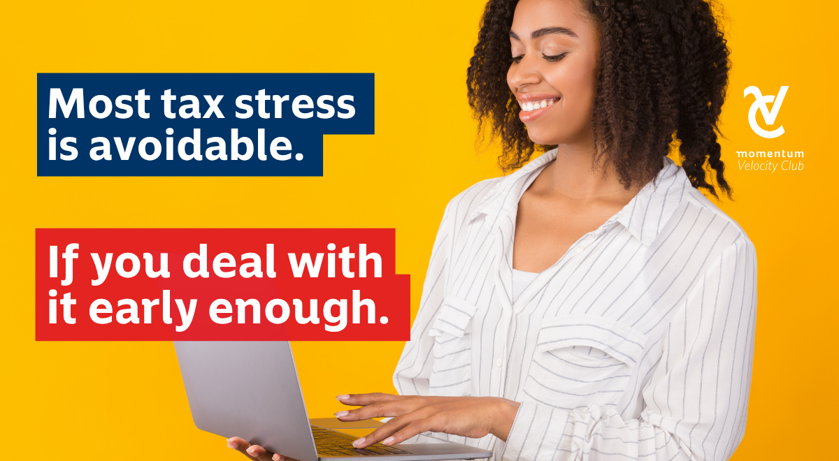 A vibrant graphic featuring a professional woman managing her finances on a laptop, illustrating how being tax-smart and addressing obligations early prevents the common stress associated with deadlines.