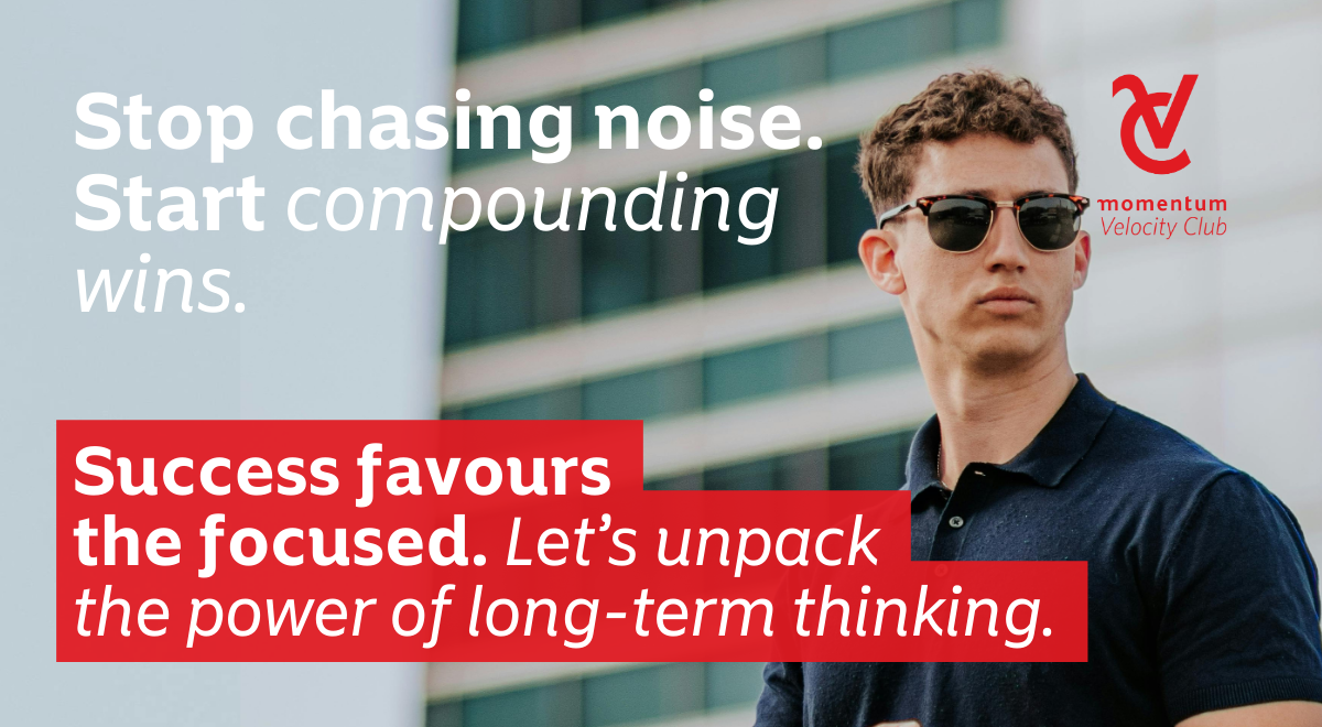 A man wearing sunglasses looks ahead, focused on the future and committed to achieving his long-term financial goals.