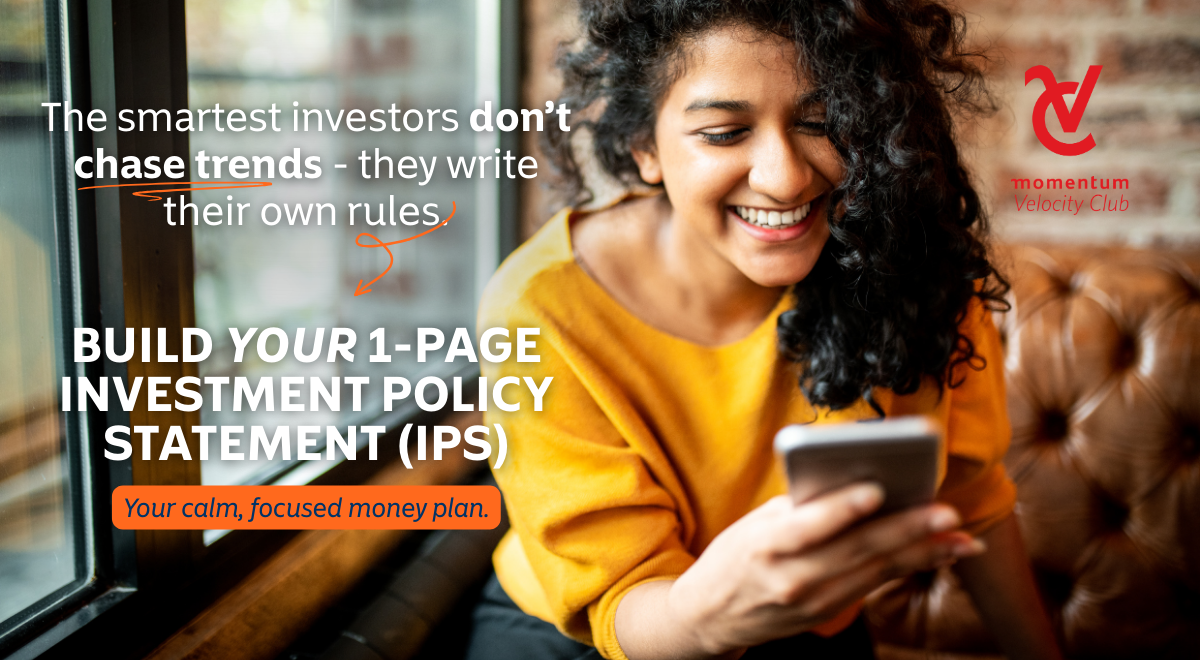 A woman sits with her phone in hand, thoughtfully typing out her investment policy statement, capturing her long-term vision and financial priorities with intention.