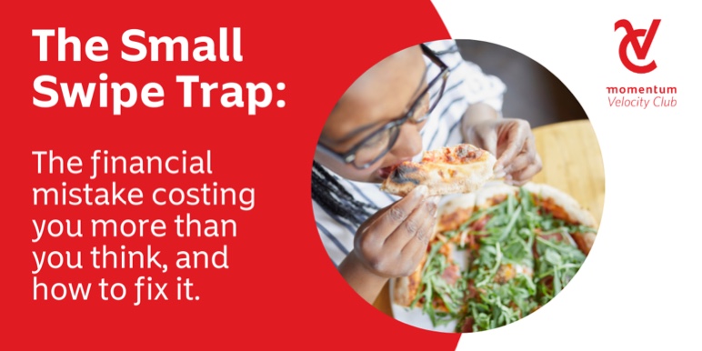 A woman eats a slice of pizza, having paid for it with a quick card swipe—without giving it a second thought.